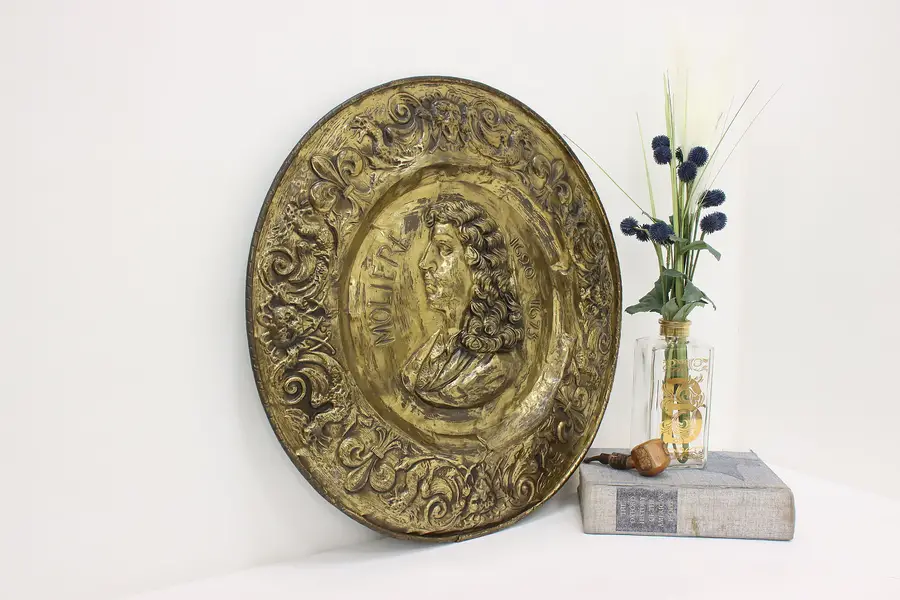 Photo of French Antique Hammered Brass Moliere Wall Plaque 21"