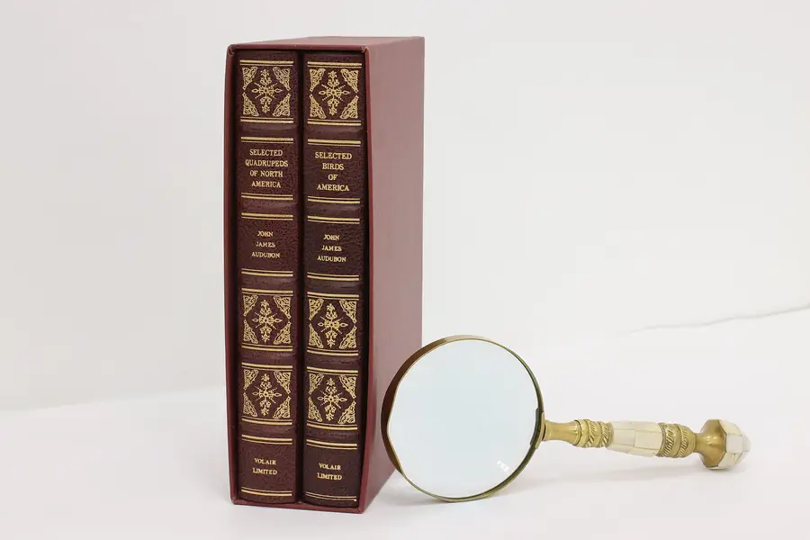 Photo of Pair of Vintage Leather & Gold Audubon Nature Books & Case