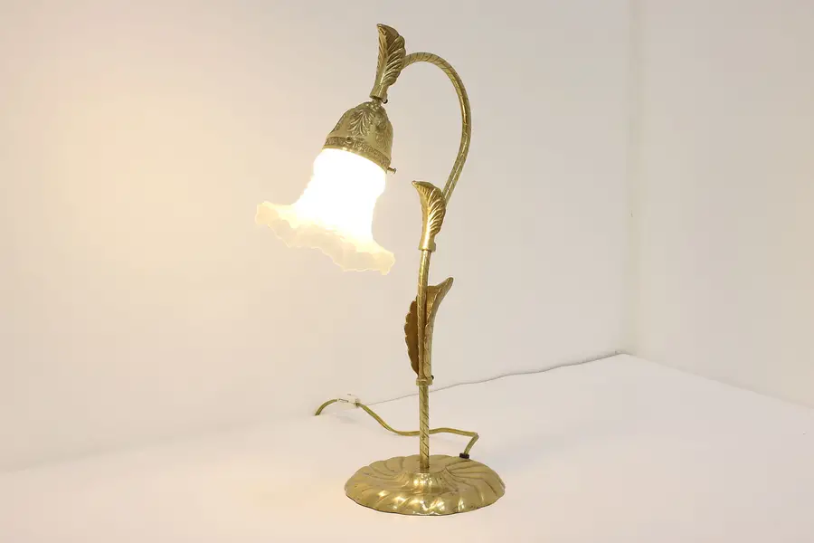 Photo of Flower Shaped Vintage Brass & Frosted Glass Shade Lamp