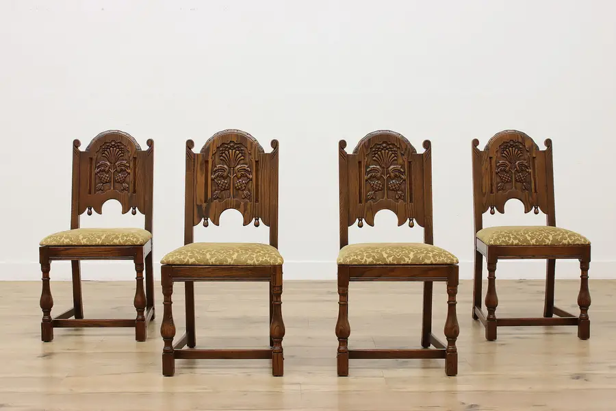 Photo of Set of 4 Tudor Antique Carved Oak Dining Chairs, Jamestown