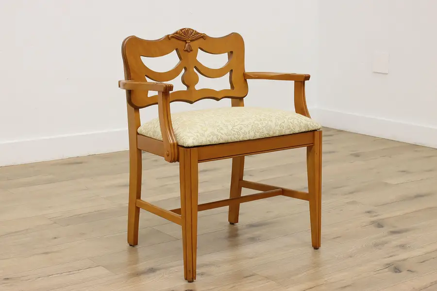 Photo of Art Deco Vintage Carved Mahogany Vanity Chair, New Fabric