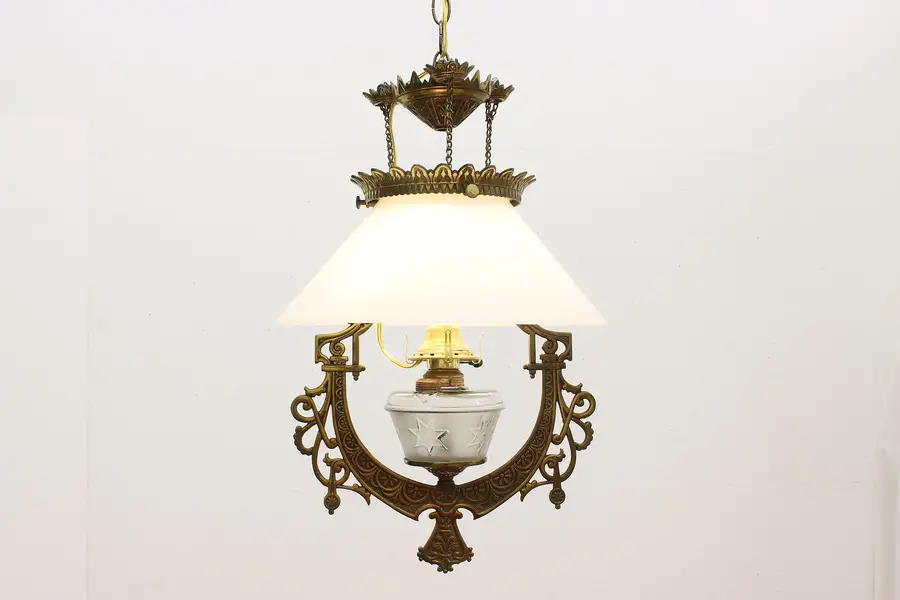 Photo of Victorian Antique Brass & Glass Shade Hanging Lamp, B&H