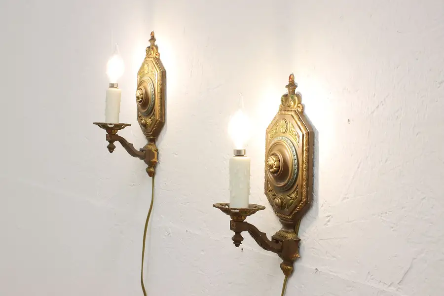 Photo of Pair of Art Deco Antique Hand Painted Wall Sconces, Flowers