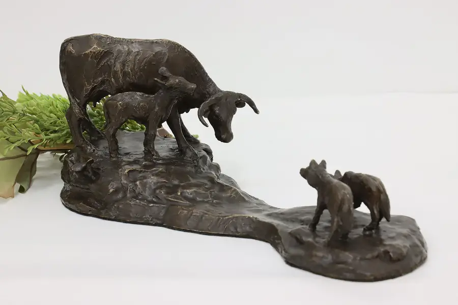 Photo of Wolves, Cow & Calf Vintage Bronze Sculpture, Mackey