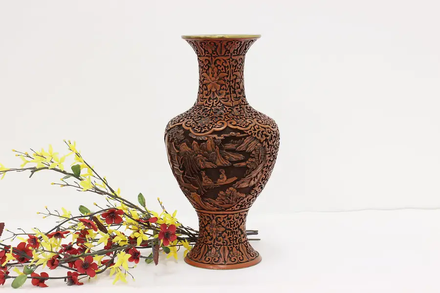 Photo of Chinese Vintage Carved Cinnabar Lacquer Flower Decor Vase