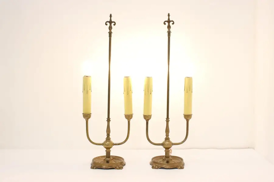 Photo of Pair of Tudor Antique Brass Library or Office Candelabras