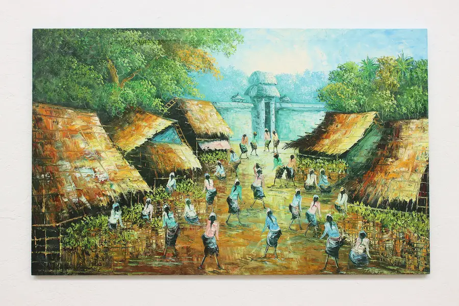 Photo of Island Village Vintage Original Oil Painting Signed 50.5"