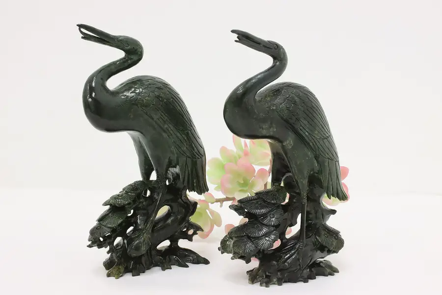 Photo of Pair Vintage Chinese Carved Jade Heron & Flower Sculptures