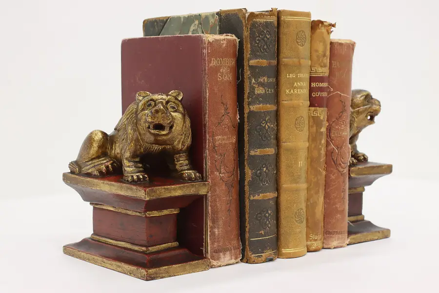 Photo of Pair of Vintage Carved Asian Guardian Lion Library Bookends