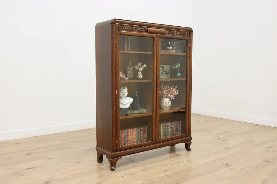 Photo of Victorian Antique Carved Oak & Wavy Glass Bookcase Display