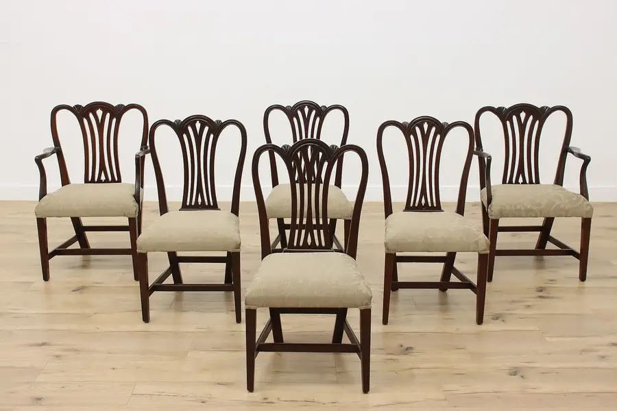 Photo of Set of 6 Antique Georgian Mahogany Dining Chairs New Fabric