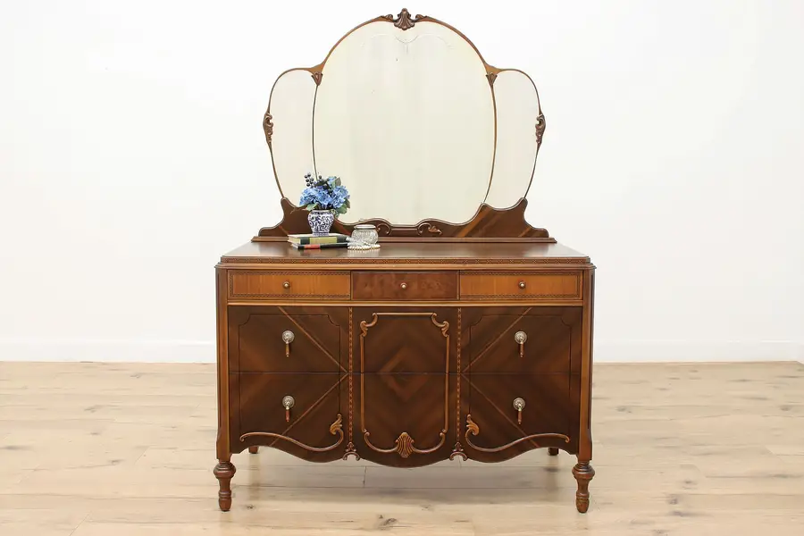 Photo of Tudor Vintage Carved Walnut Chest or Dresser & Mirror Joerns