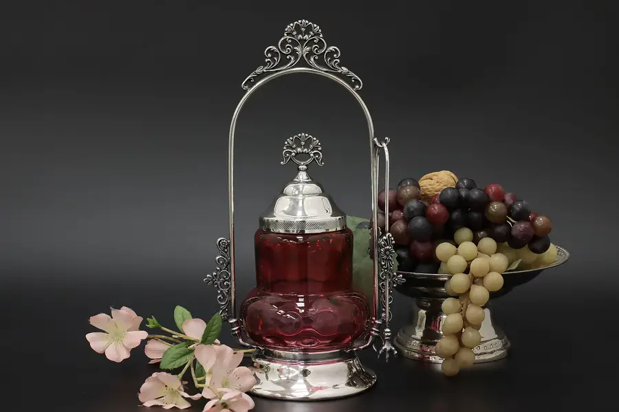 Photo of Victorian Antique Cranberry Glass Silverplate Pickle Castor