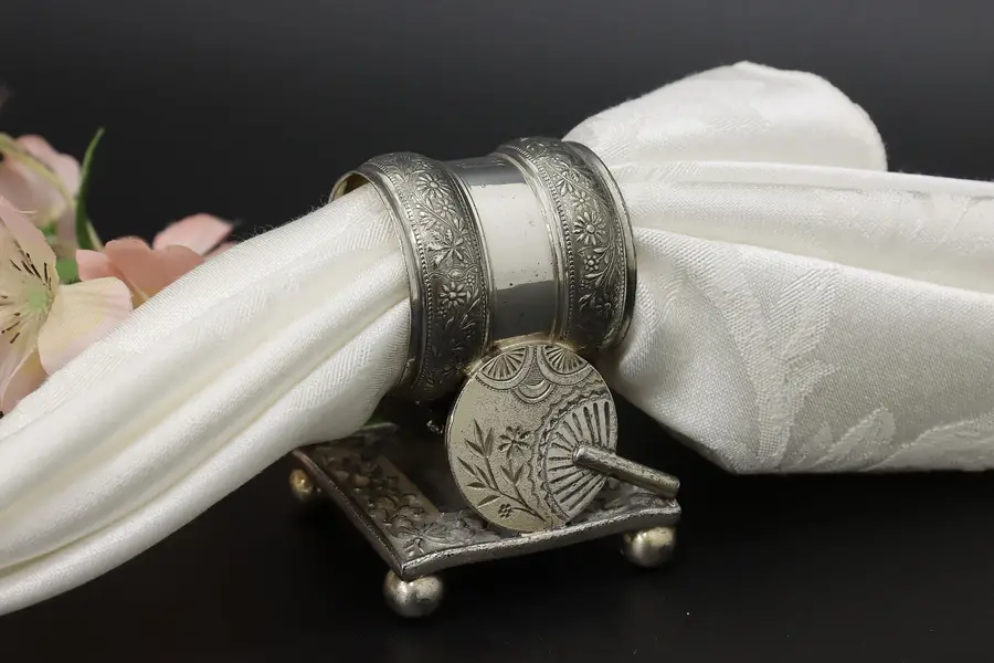 Photo of Victorian Antique Engraved Silverplate Napkin Ring, Fans