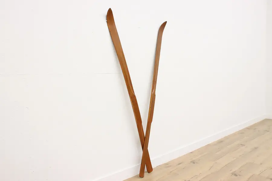 Photo of Pair of Farmhouse Vintage Teak & Iron Snow Skis