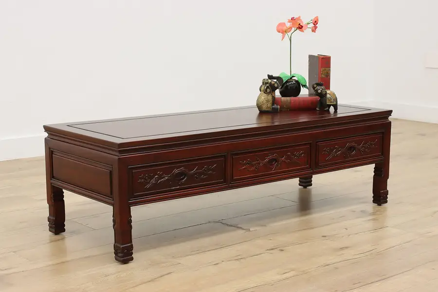 Photo of Chinese Vintage Rosewood Coffee Table, Hand Carved Birds