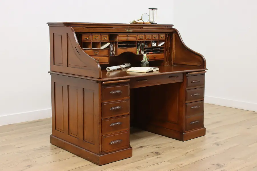 Photo of Victorian Antique Oak S Curve Roll Top Office Library Desk
