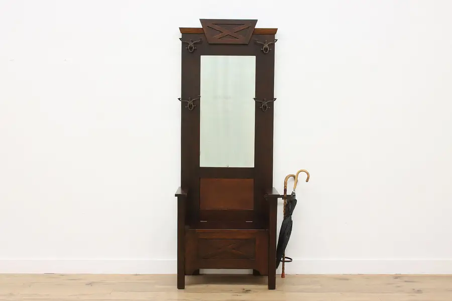Photo of Arts & Crafts Mission Oak Antique Hall Tree & Bench, Mirror