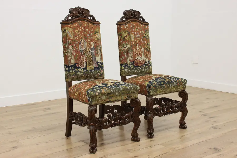 Photo of Pair Renaissance Vintage Walnut Unicorn Needlepoint Chairs