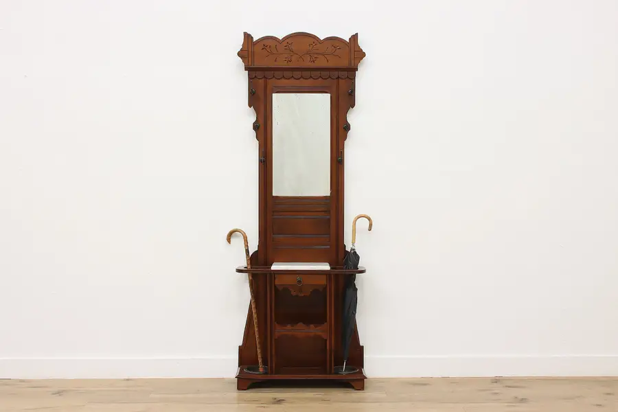 Photo of Victorian Eastlake Antique Walnut, Marble Hall Stand Mirror