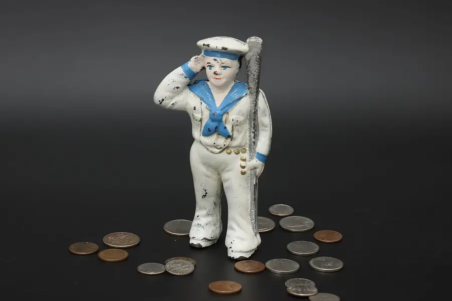 Photo of Cast Iron Antique Painted Sailor Sculpture Coin Bank