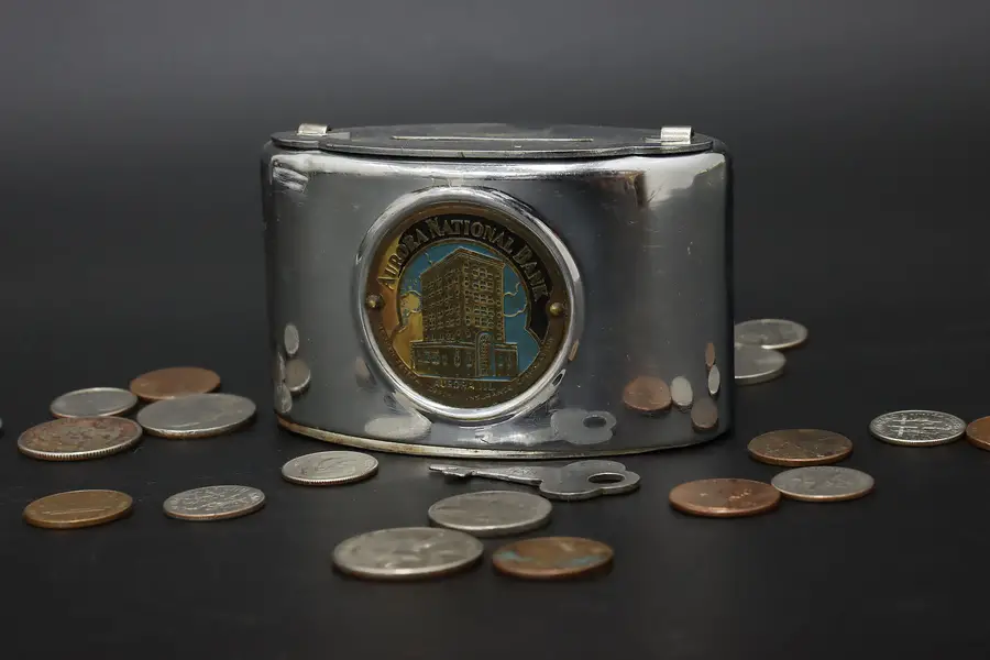 Photo of Nickel Plated Antique Recording Coin Bank, Aurora IL