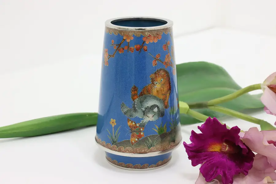Photo of Asian Vintage Cloisonne Inlaid Enamel Vase, Cats & Butterfly