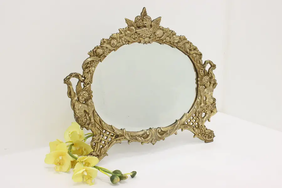 Photo of Victorian Antique Tabletop or Wall Mirror, Cherubs