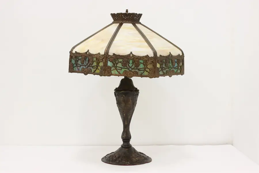 Photo of Art Nouveau Antique Stained Glass Table Lamp Flowers Royal