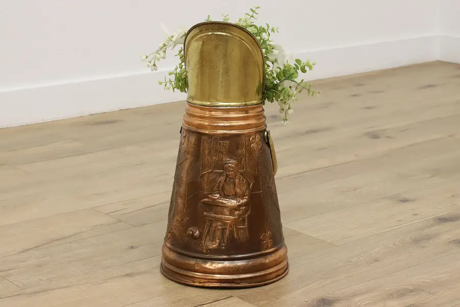Photo of Farmhouse Antique Copper & Brass Coal Scuttle Umbrella Stand