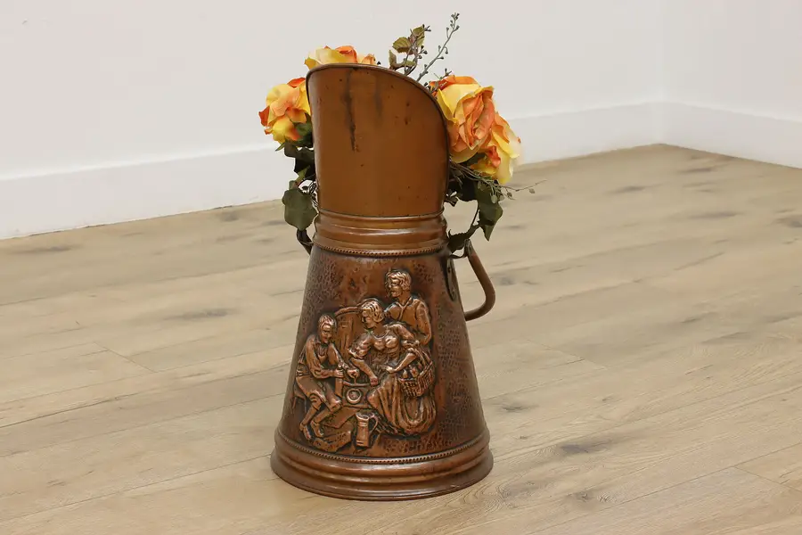 Photo of Farmhouse Antique Embossed Copper Coal Scuttle, Tavern Scene