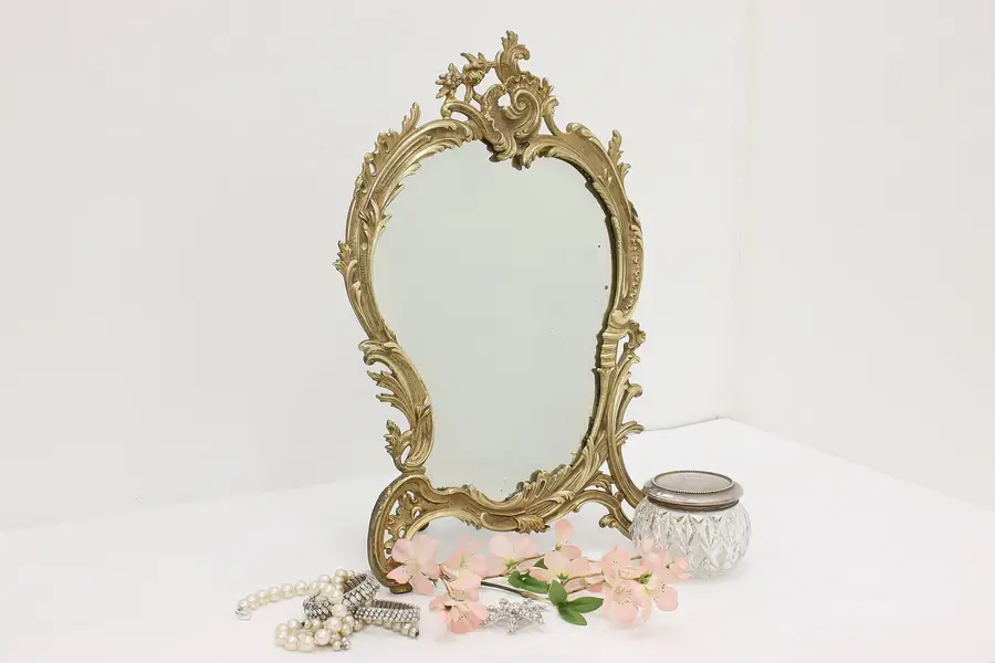 Photo of French Louis XV Antique Brass Plated Tabletop Vanity Mirror