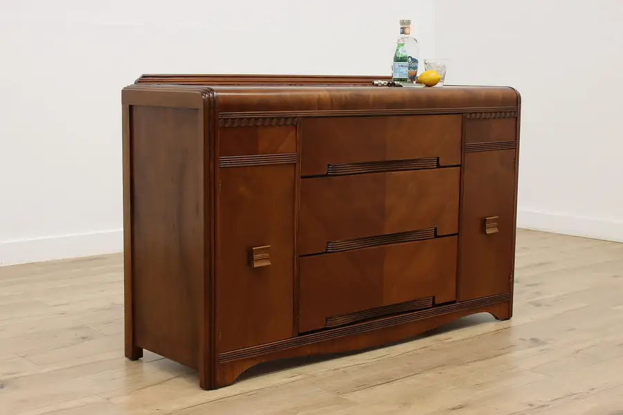 Photo of Art Deco Vintage Waterfall Walnut Buffet, Bar or TV Console