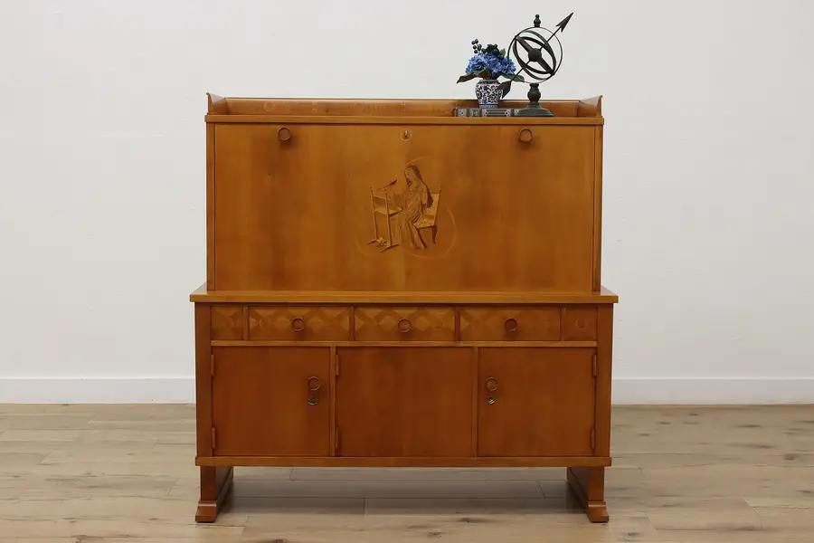 Photo of Swedish Midcentury Vintage Marquetry Office Secretary Desk