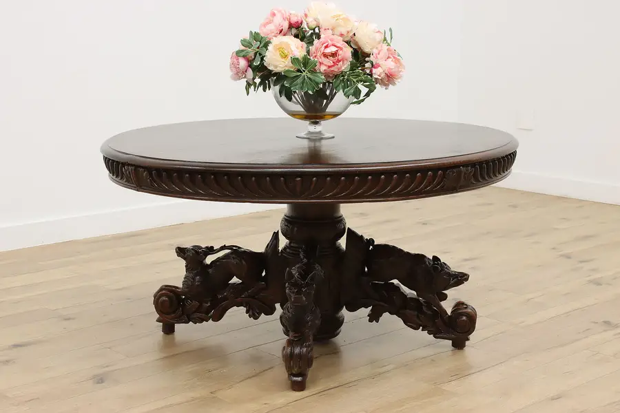 Photo of Black Forest Antique Oak Dining Table, Carved Dogs Opens 13'