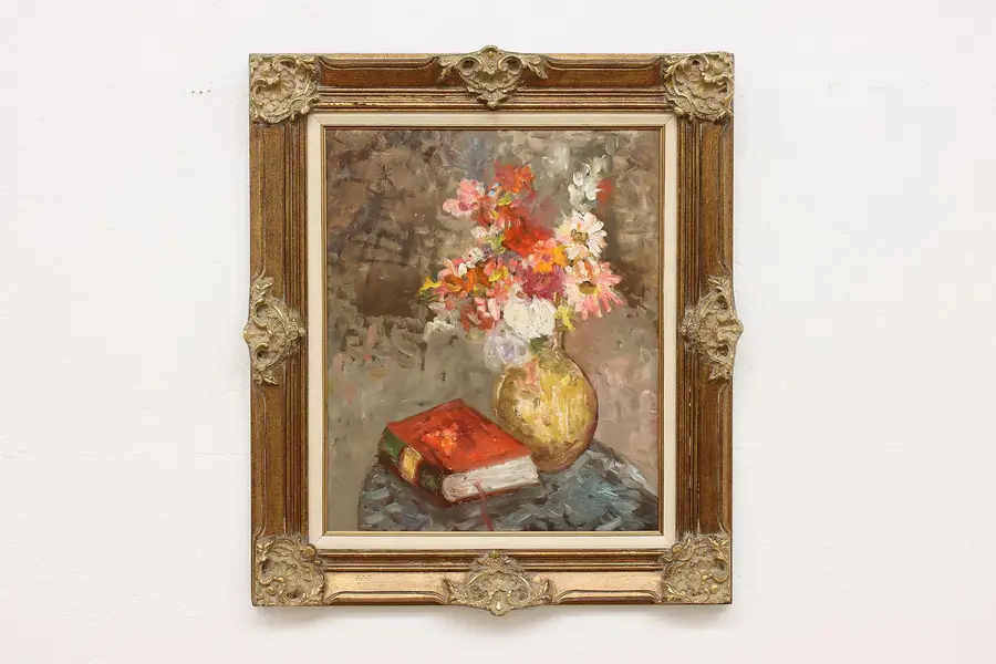 Photo of Flowers & Book Vintage Original Oil Painting, Glocar 32.5"