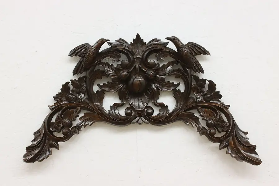 Photo of Austrian Antique Arch Salvage Mahogany Crest, Birds & Fruit