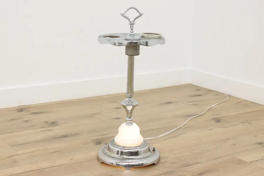 Photo of Art Deco Antique Nickel & Milk Glass Chairside Smoking Stand