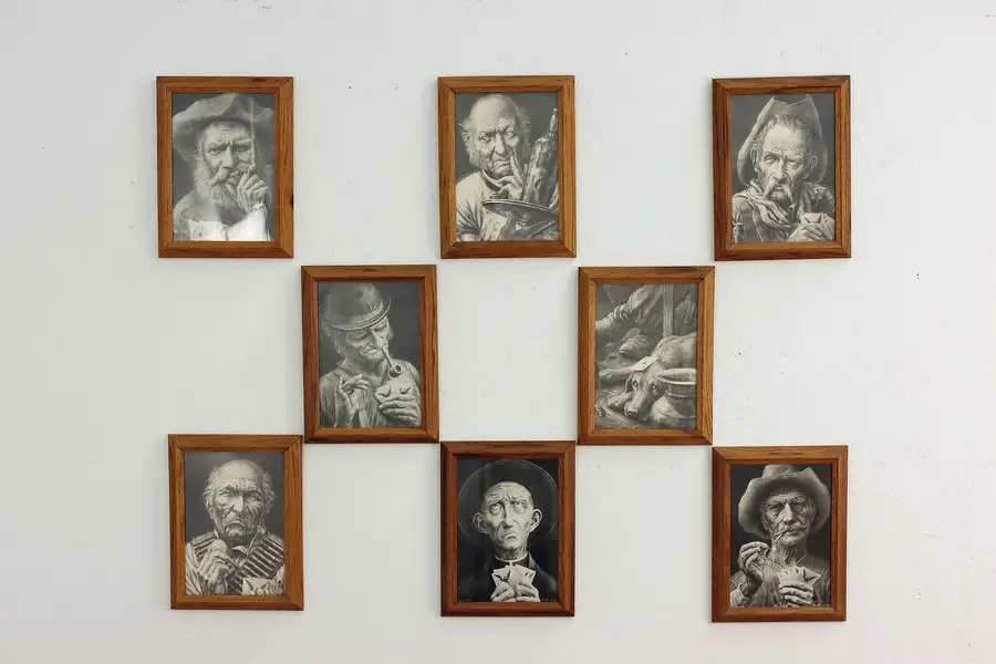 Photo of Set of 8 Vintage Poker Players Etching Prints, Ewing 16.5"