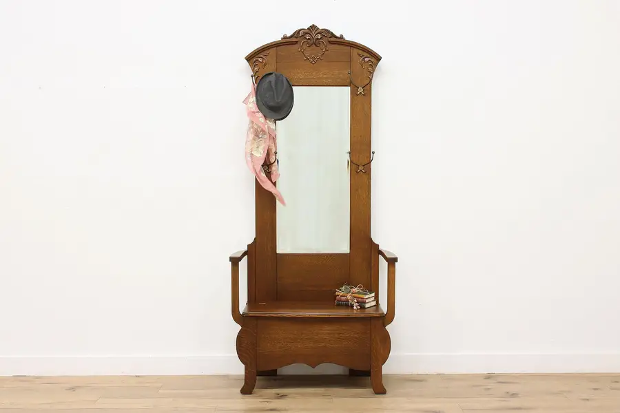 Photo of Victorian Antique Carved Oak Hall Stand Bench & Mirror