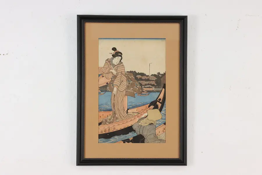 Photo of Japanese Antique Ukiyo-e Geisha Woodblock Print Signed 20.5"