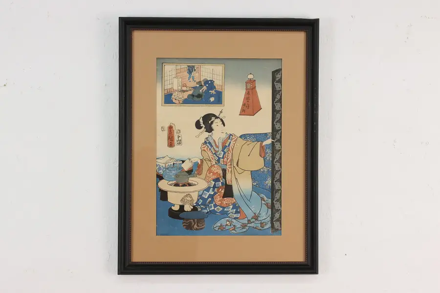 Photo of Japanese Antique Ukiyo-e Woman Woodblock Print Signed 20"
