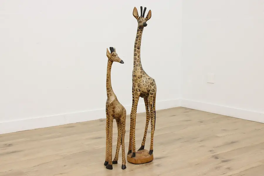 Photo of Pair of Vintage Carved & Painted African Giraffe Statues 49"