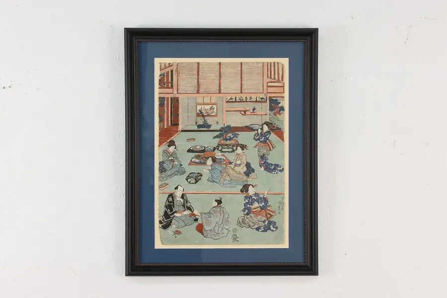 Photo of Japanese Antique Geisha House Woodblock Print Signed 19.5"
