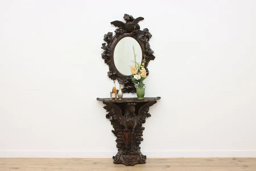 Photo of Italian Antique Hand Carved Phoenix Bird Console & Mirror
