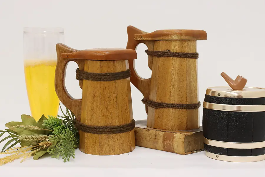 Photo of Pair of Farmhouse Vintage Mahogany Beer Steins or Tankards