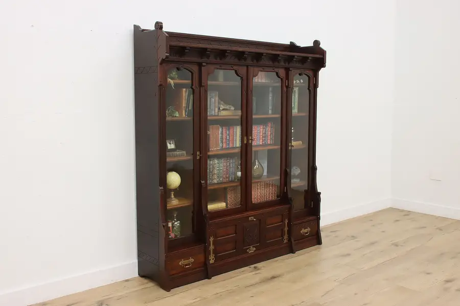 Photo of Victorian Eastlake Antique Carved Walnut Bookcase or Display