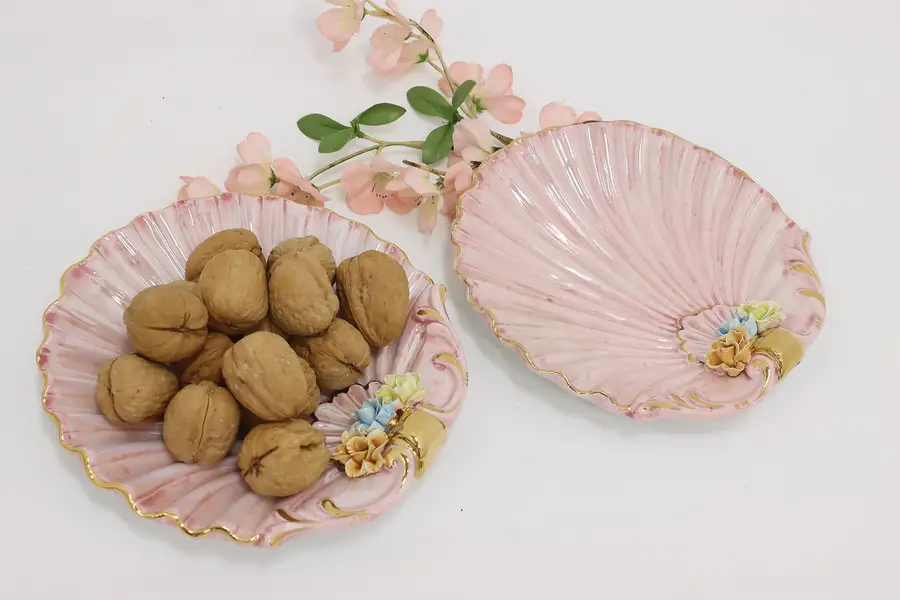 Photo of Pair of Italian Vintage Pink Seashell Plates with Flowers