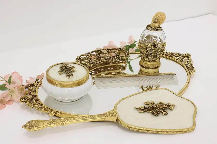 Photo of Gold Plated Vintage 6 Pc Vanity Set Mirror Tray, Matson