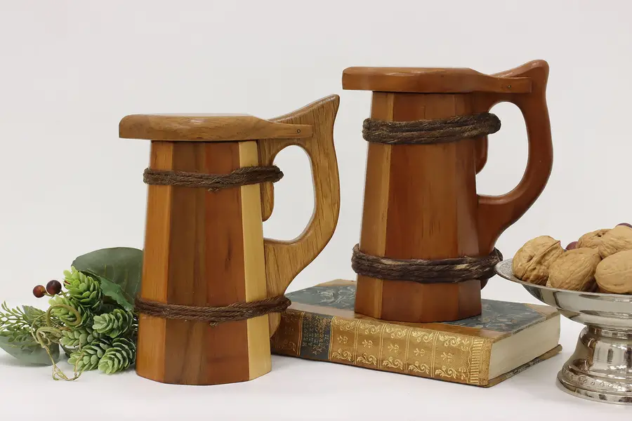 Photo of Pair of Farmhouse Vintage Cherry & Oak Beer Steins, HV
